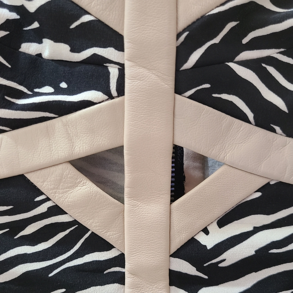 REBECCA TAYLOR Leather Trim Cage Dress Black/Cream Silk Tiger Print Sz 8 - Picture 9 of 13